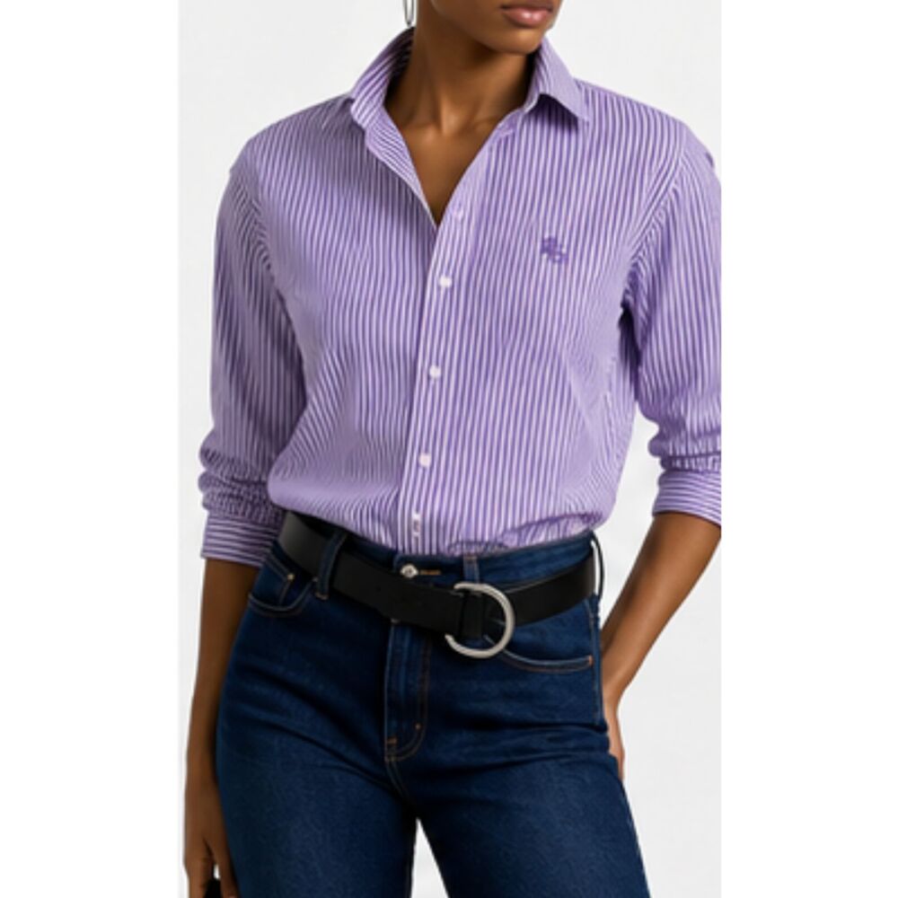 Lauren Ralph Lauren Womens Medium Purple Stripe Non Iron Cotton Shirt